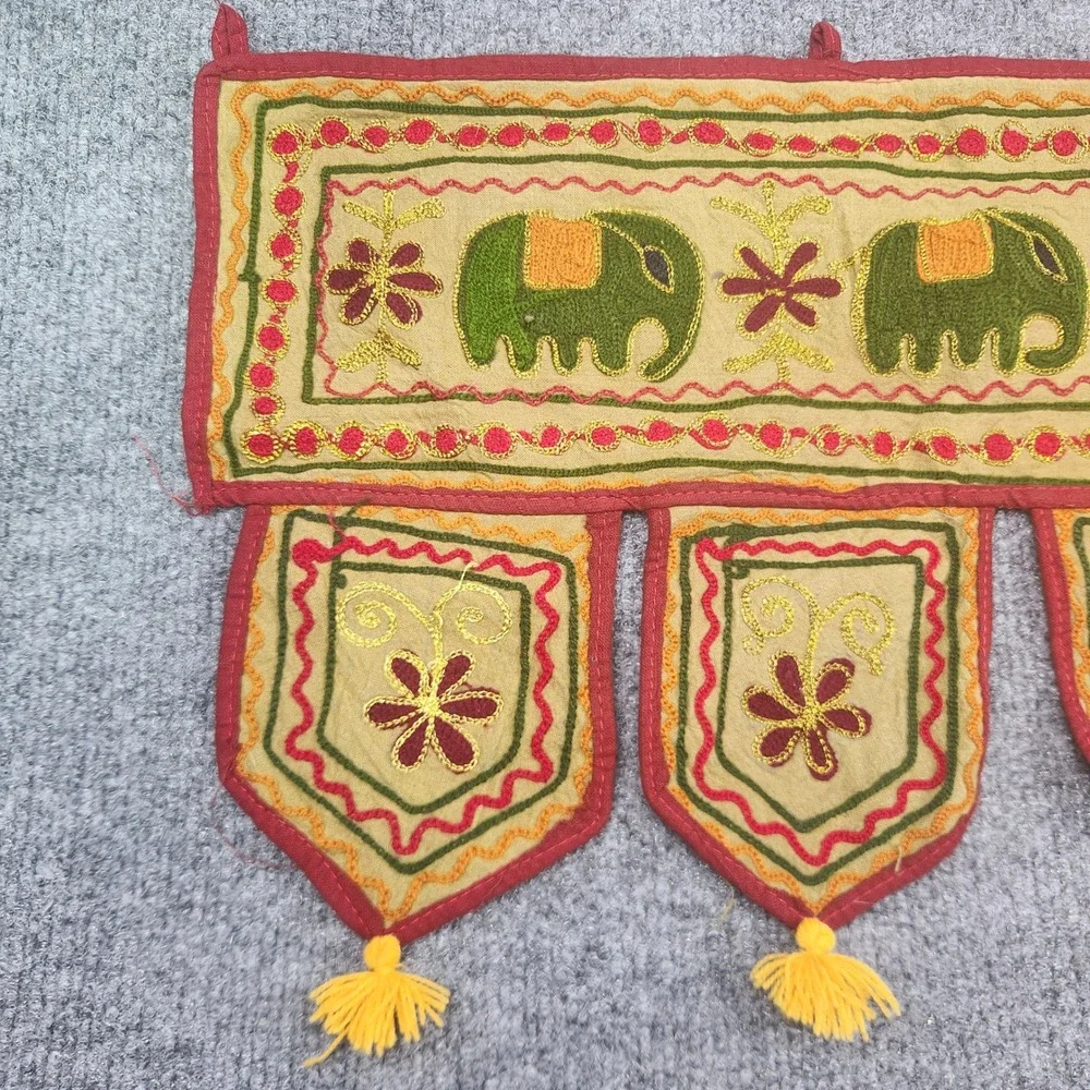 Indian Toran Door Hanging Embroidered Green Elephant Tassel Wall Decor 34x11